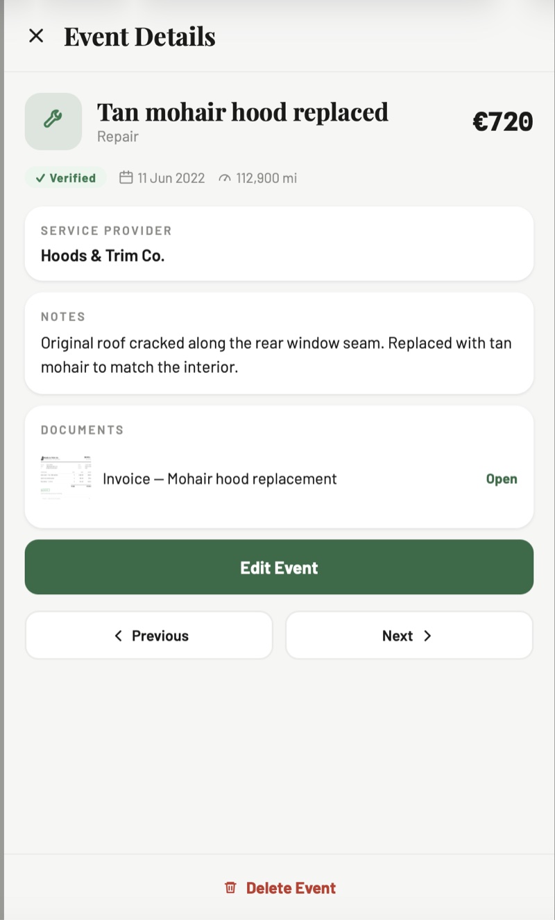 Vehicle timeline with service entries and attached documents